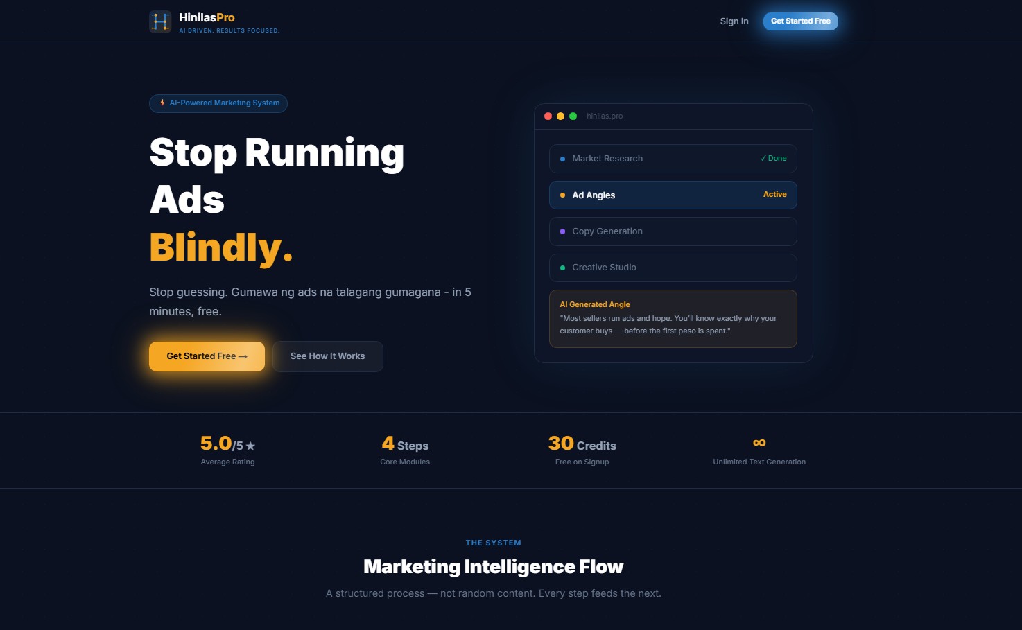 Hinilas Pro landing page with AI marketing product introduction