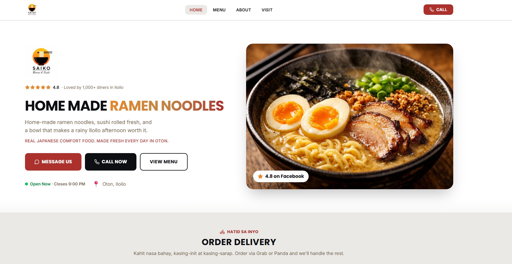 Saiko landing page showing food ordering hero and call to action
